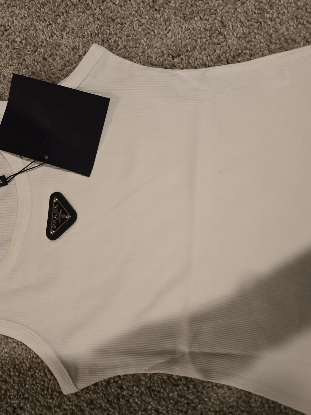 Prada Cream Ribbed Tank with Triangular Logo Plaque - Picture 3 of 9